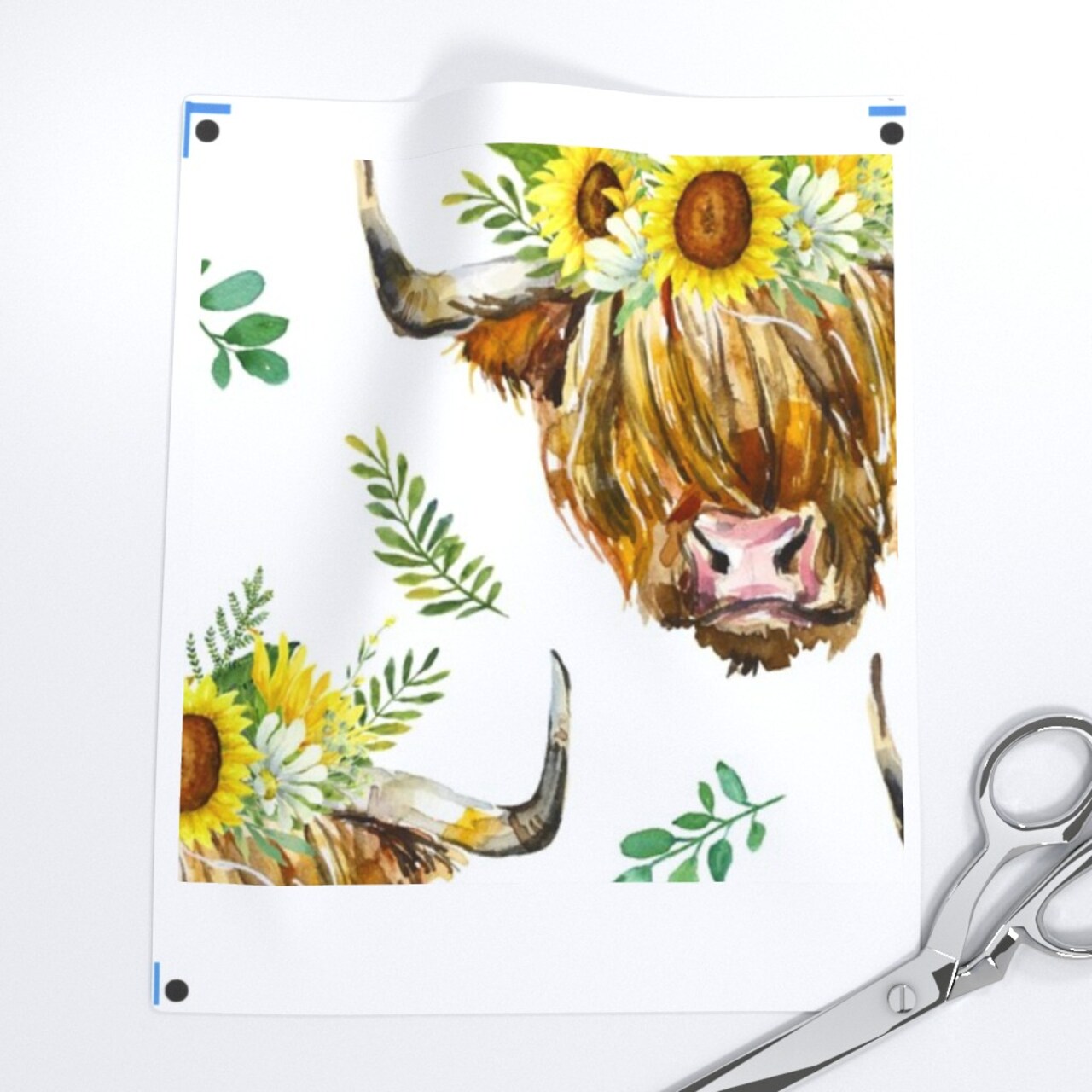 Highland Cow Sunflower Medium Scale Flowers Floral Wreath Western Custom Printed Fabric by Spoonflower Various Fabrics by the Yard or Fat Quarter